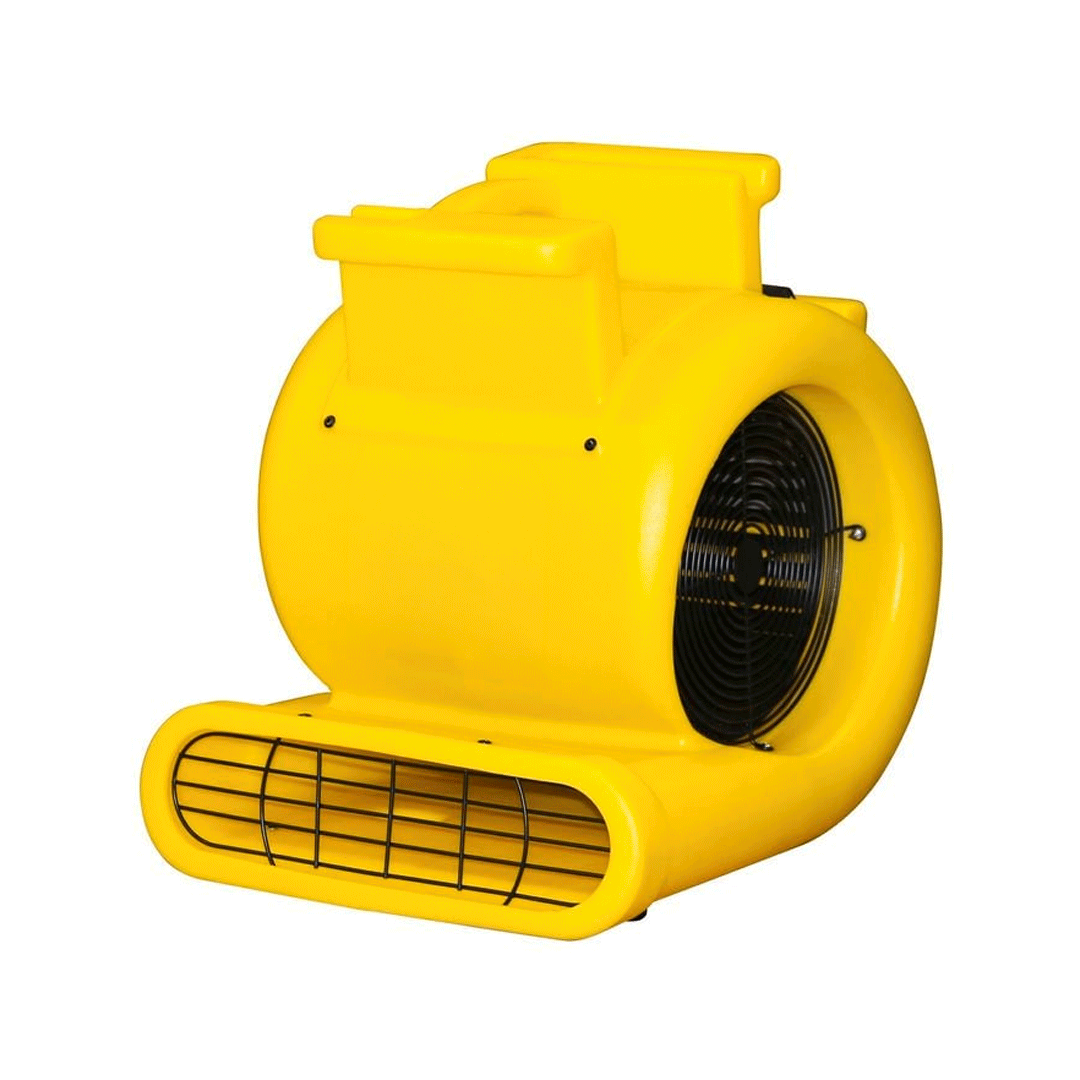 Yellow industrial blower fan with a front grille on a white background
