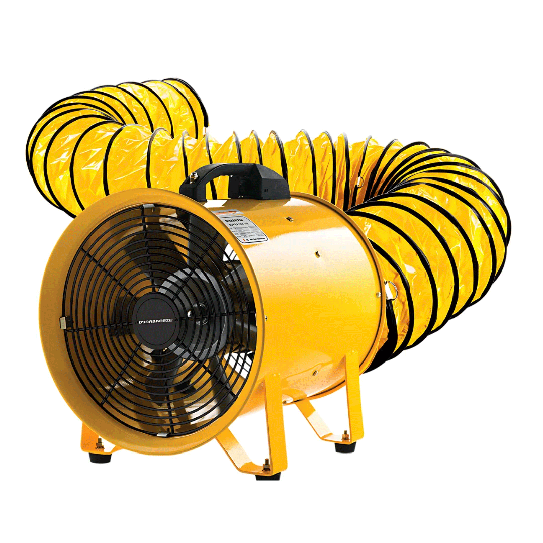 Yellow industrial fan with black front grille and flexible yellow ducts attached on both sides