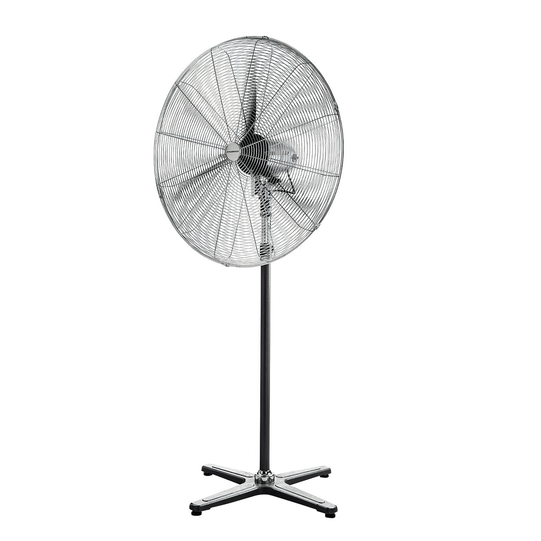 Black pedestal fan with a round wire cage on a four-legged stand against a white background