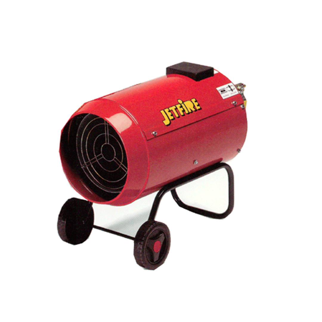 Red JetFire portable space heater on wheels, angled on a white background