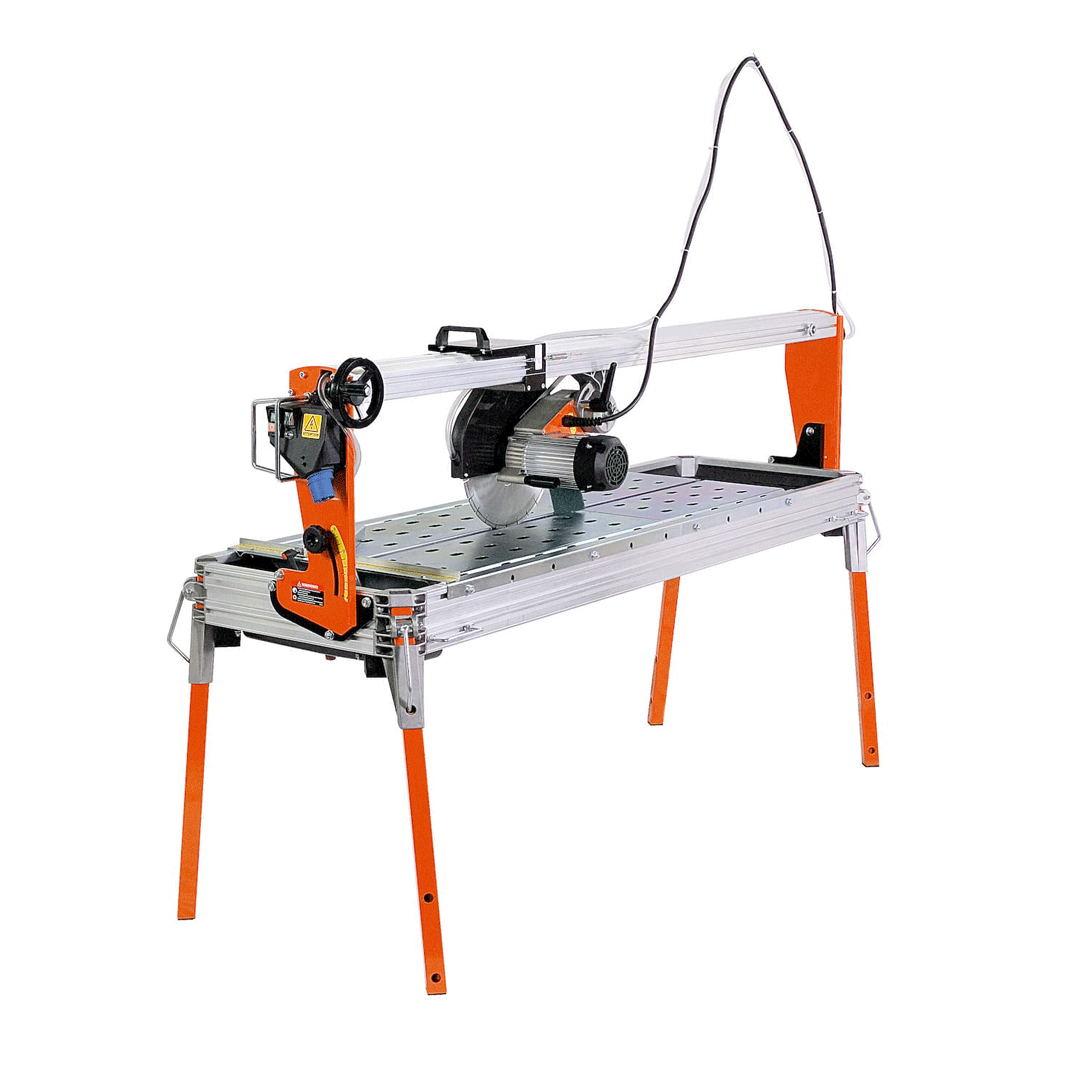 Compact orange and silver tile table saw on a folding stand, with a hanging support cable
