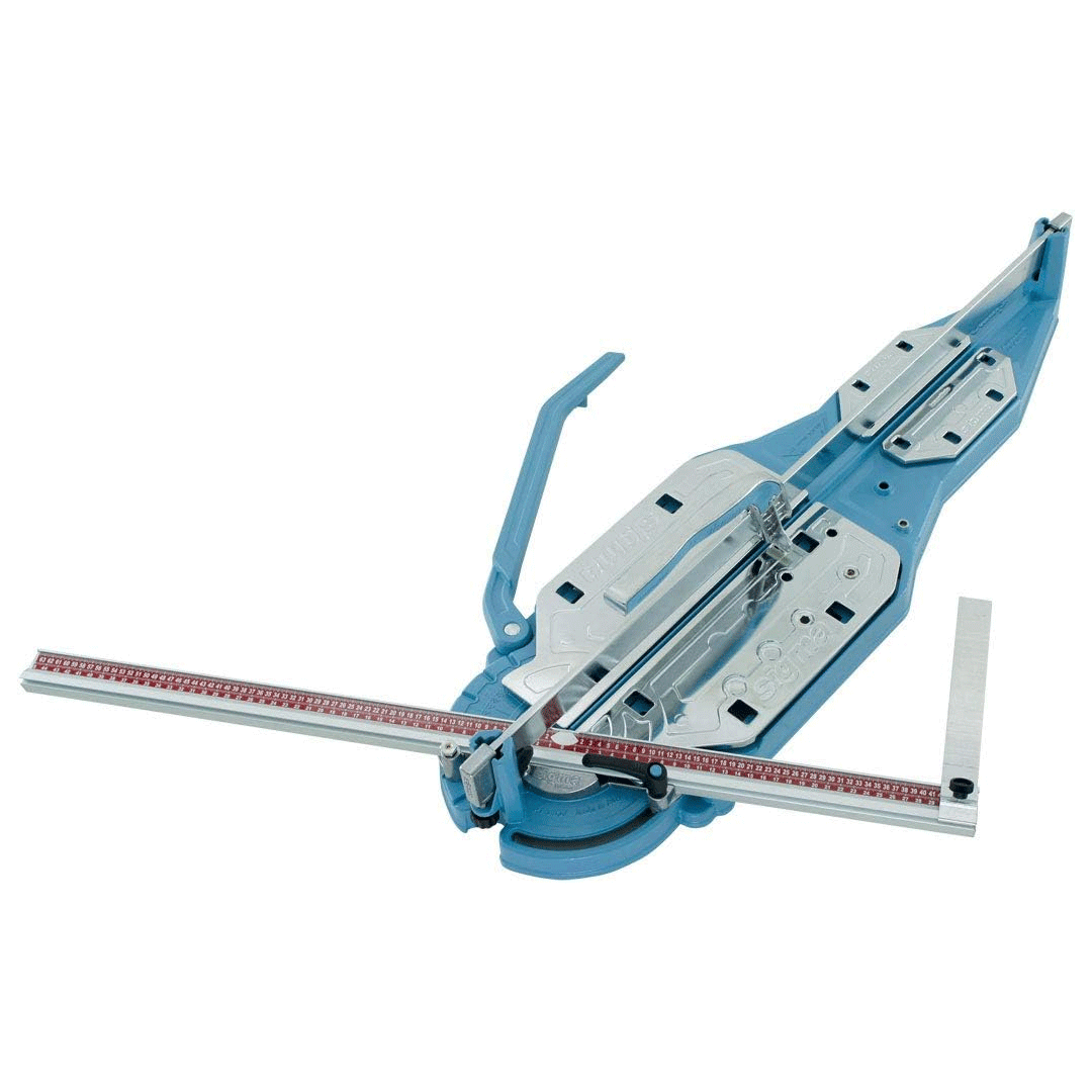 Blue and silver paper folding machine with a long measuring ruler on a white background
