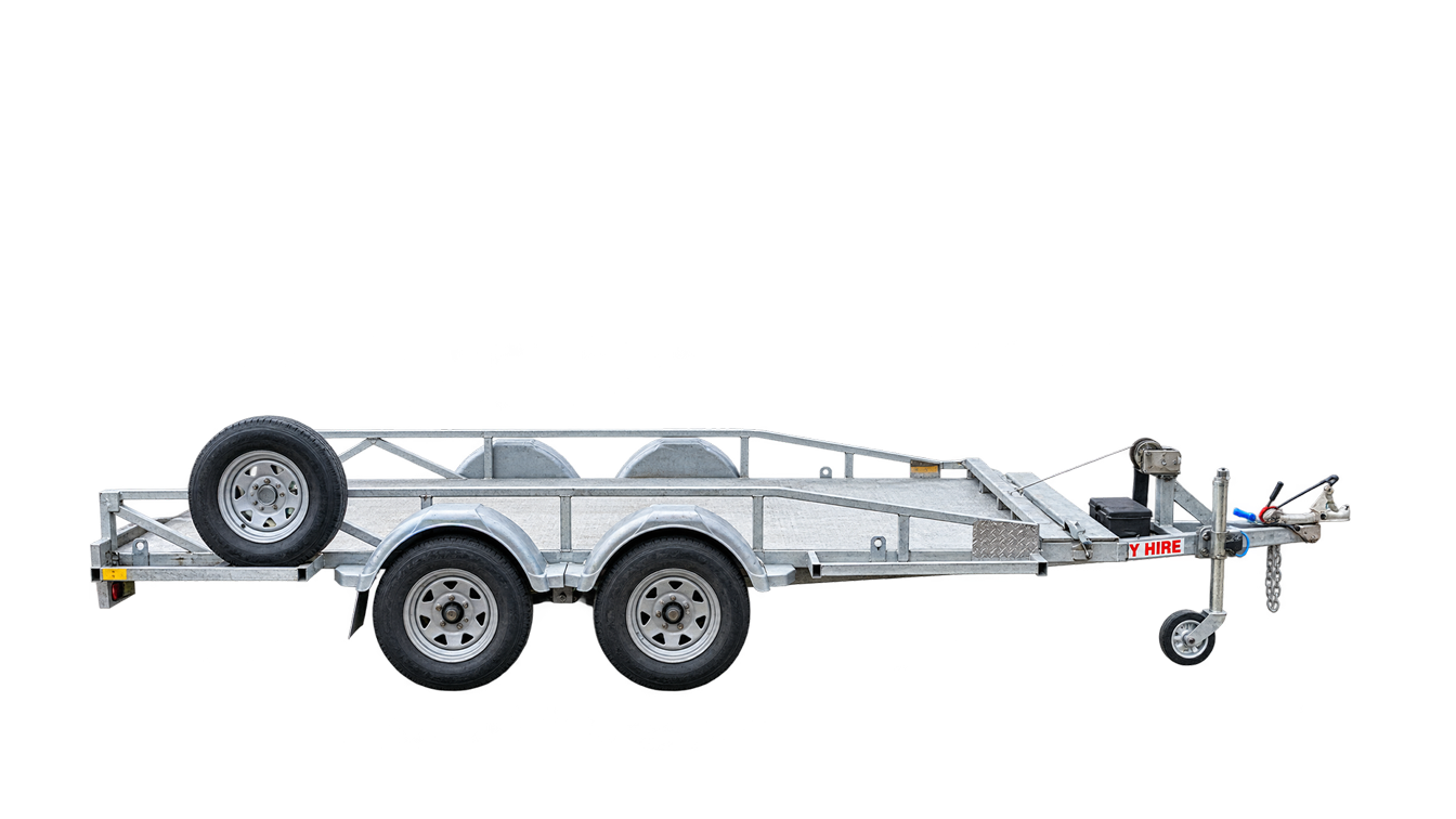 Single-axle utility trailer with mesh sides, silver frame, and a front tow hitch on a white background