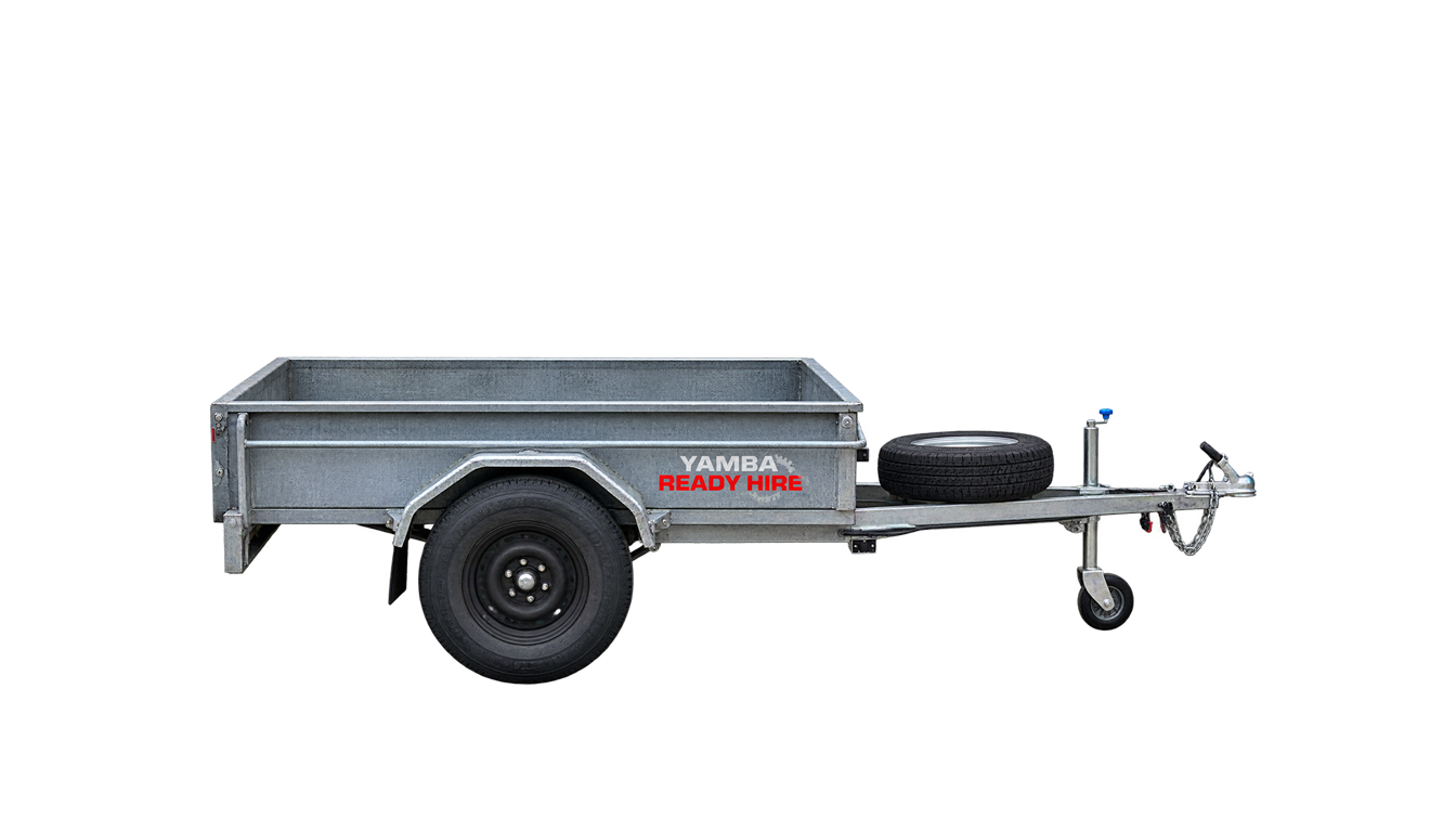 Silver single-axle utility trailer with black tire and front tow hitch on a white background