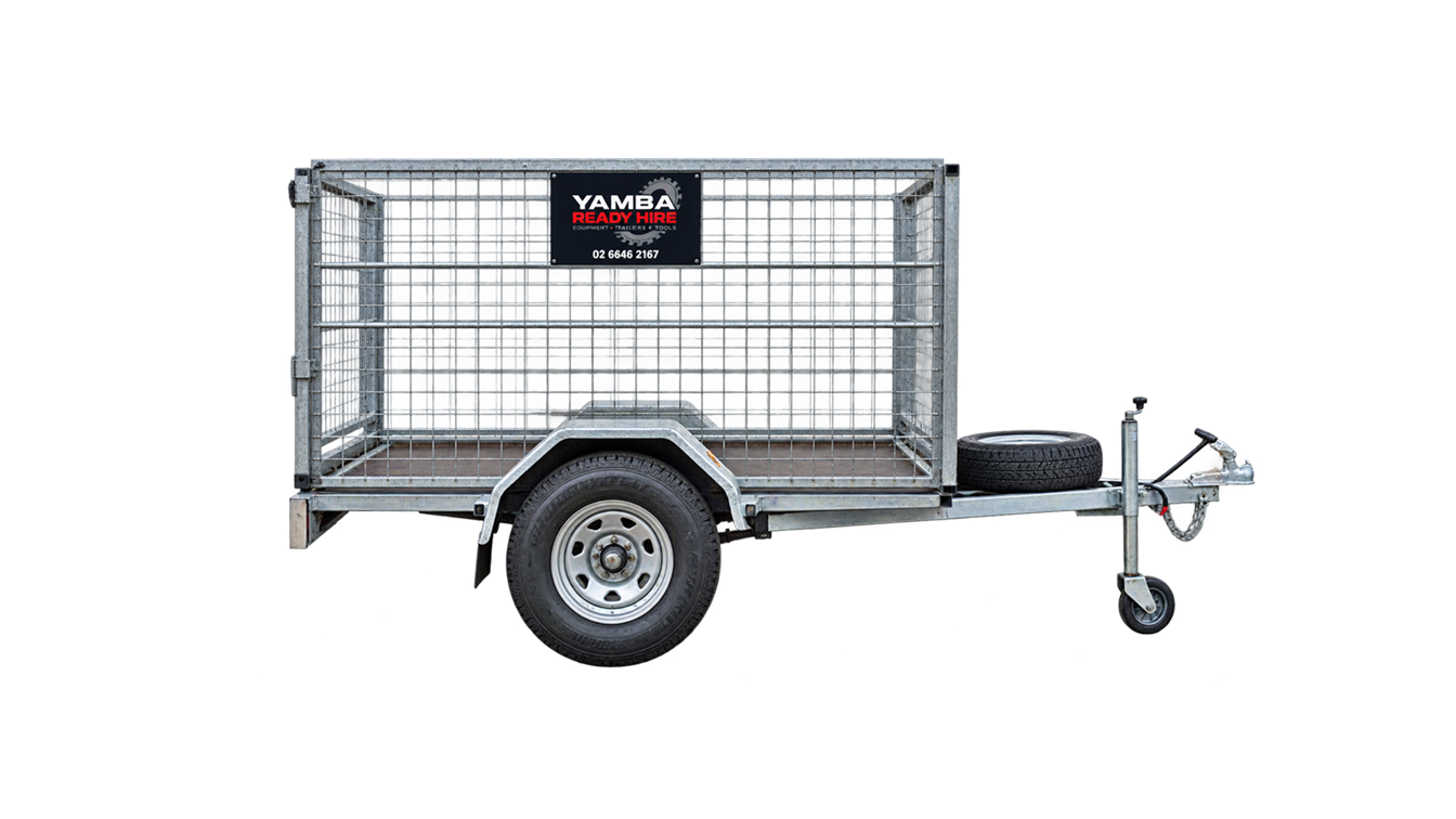 Single-axle utility trailer with mesh sides, silver frame, and a front tow hitch on a white background
