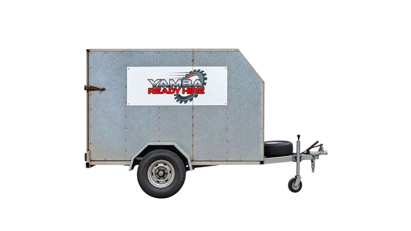 Gray enclosed cargo trailer with a single wheel and front hitch, shown in side view on a white background
