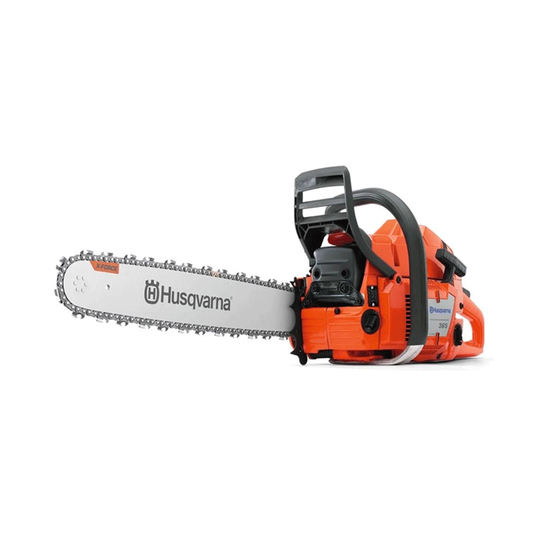 Orange Husqvarna chainsaw with long silver bar, isolated on white background