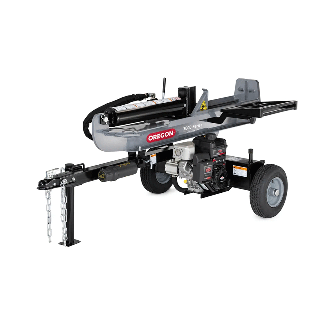 Black CHAMPION log splitter with trailer hitch and support leg on a white background