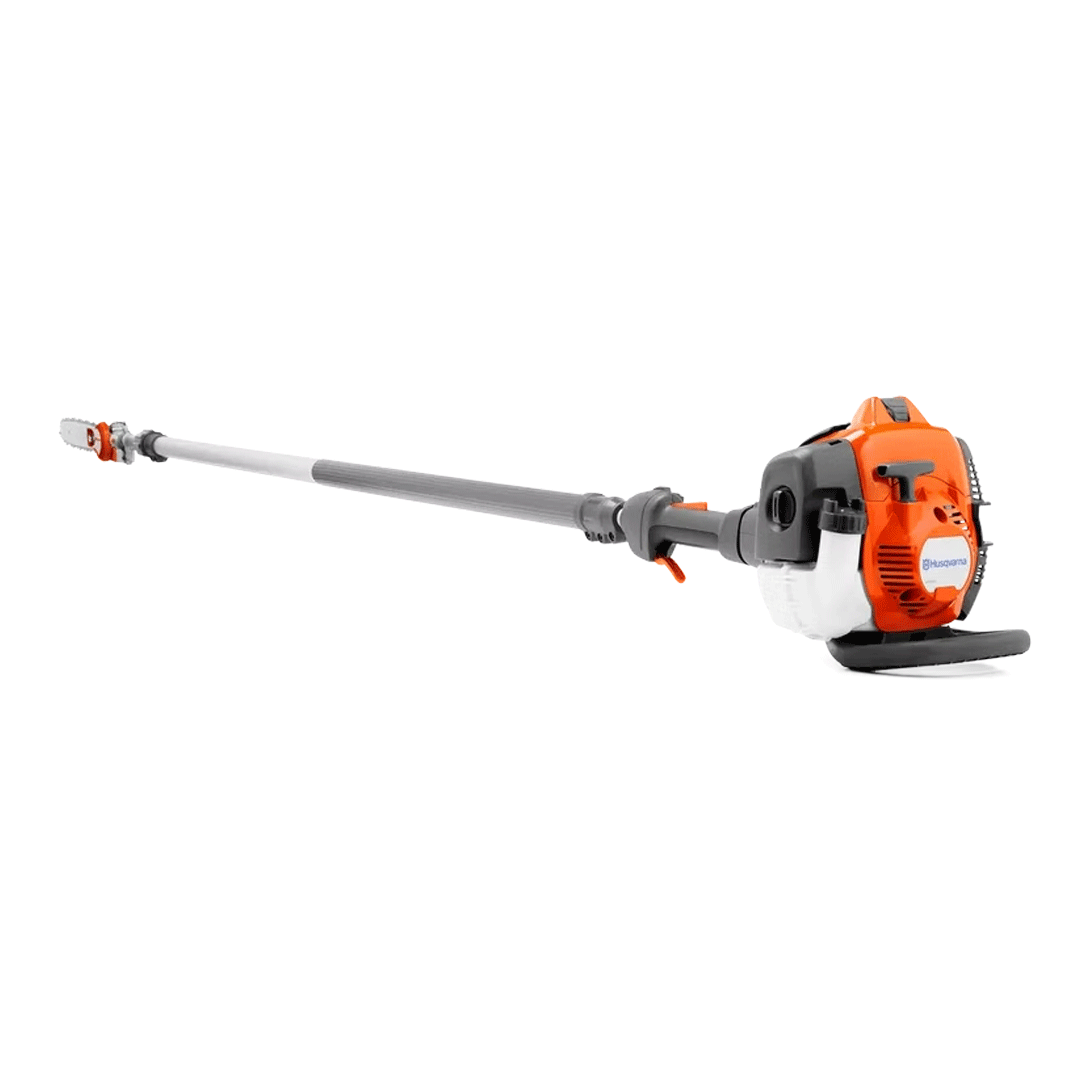 Orange gas-powered pole saw with long gray shaft on a white background
