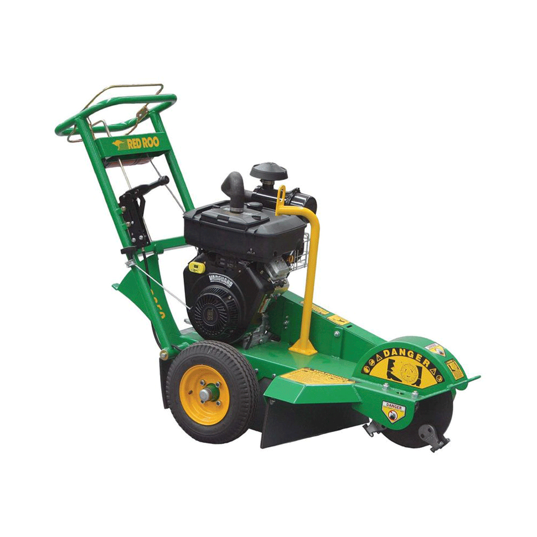 Green and yellow stand-behind stump grinder with black engine on a white background