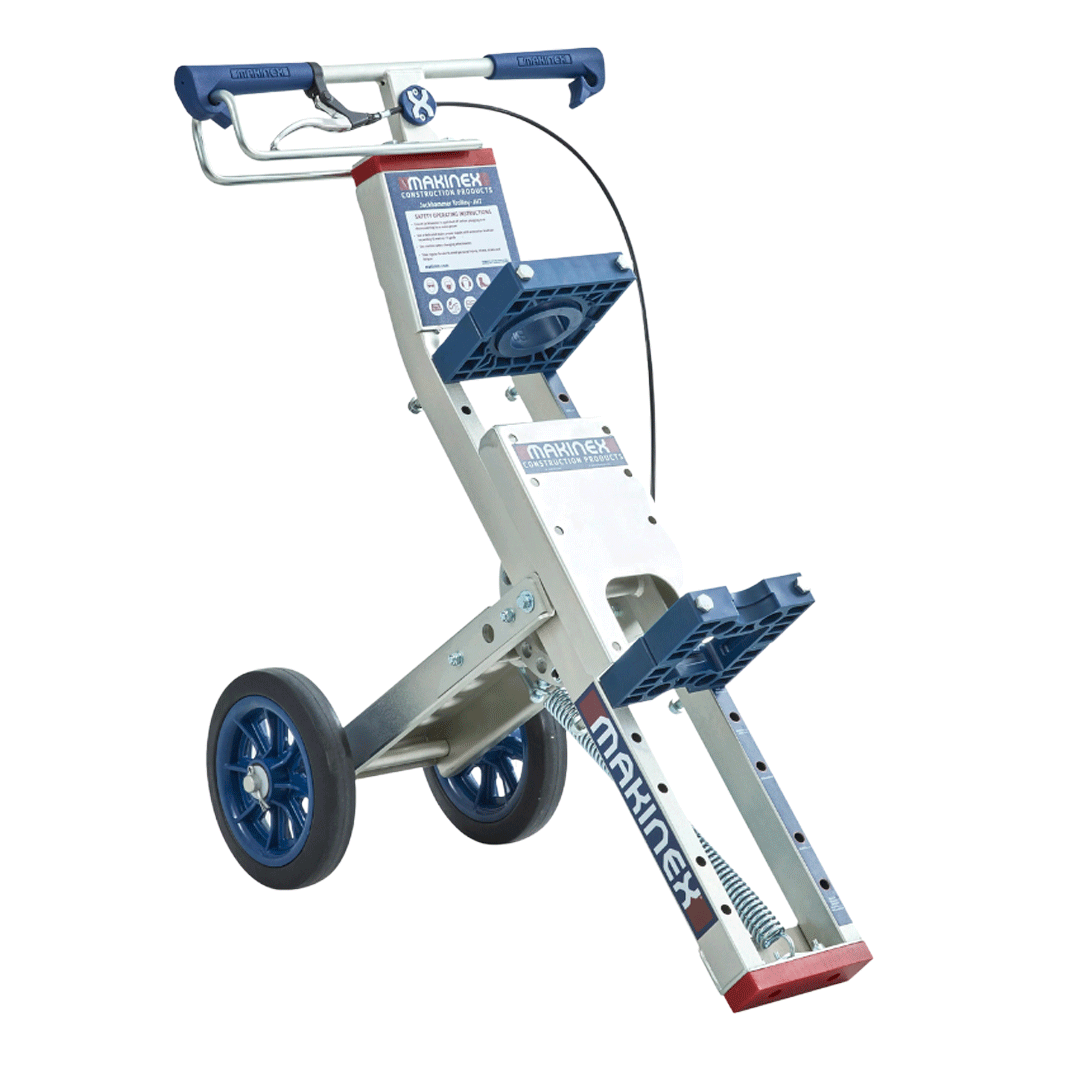 Blue-and-white folding jackhammer trolley with wheels and a platform, shown on a white background