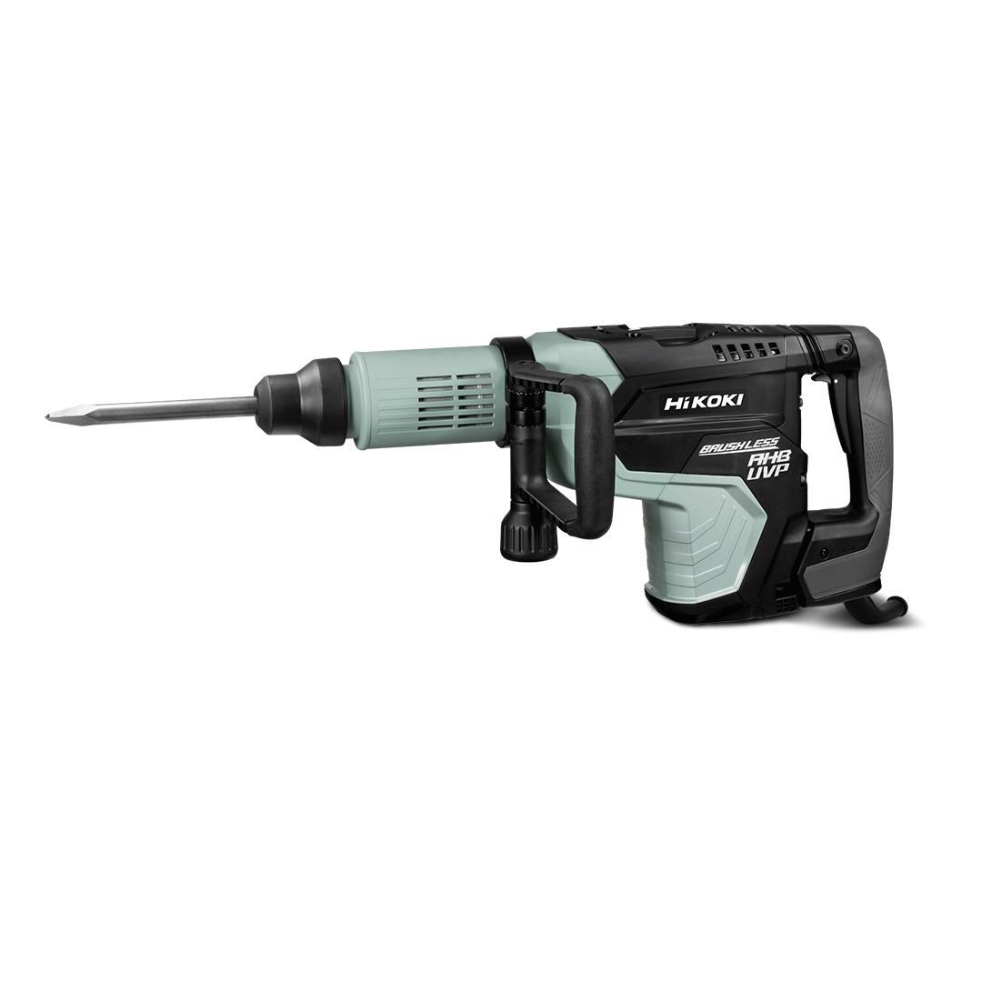 Black and mint green corded jackhammer with a long bit, shown side view on white background
