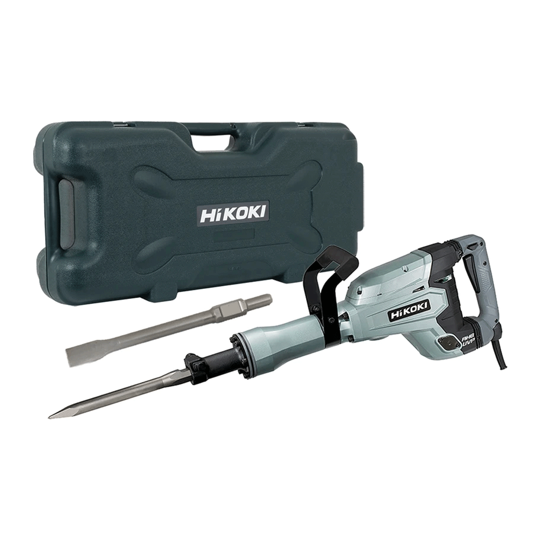 Hikoki electric demolition hammer with case and chisel attachments on a white background