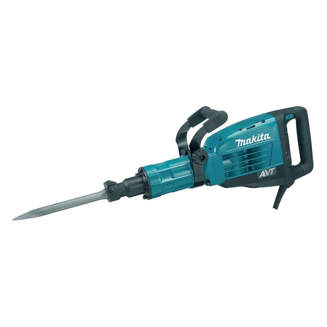 Teal Makita electric jackhammer with pointed chisel bit on a white background