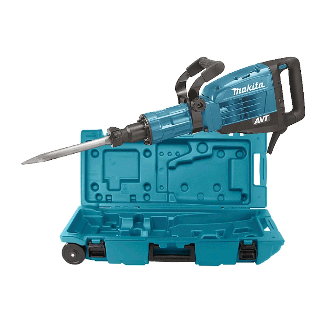 Blue Makita large jackhammer with carrying case, shown open on a white background
