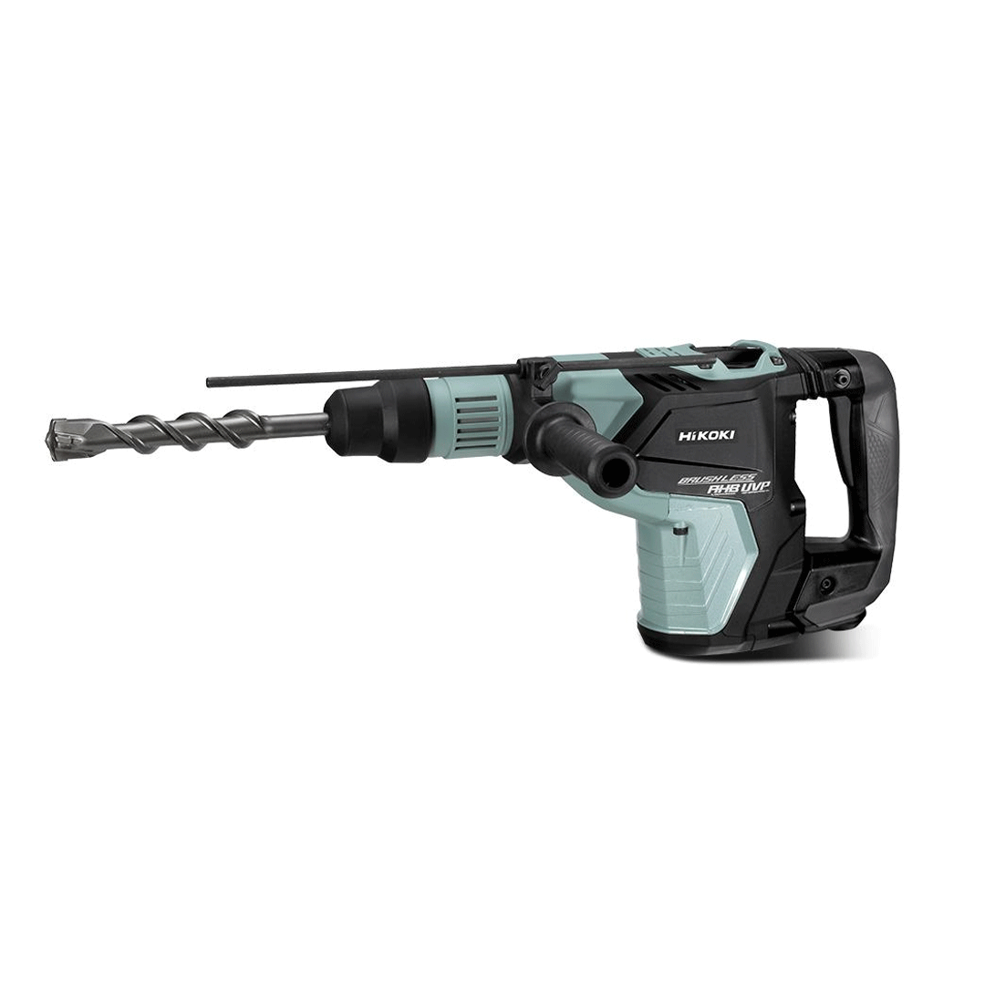 Cordless rotary jackhammer with teal and black body, side handle, and long drill bit