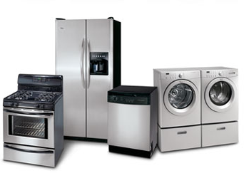 A stainless steel refrigerator , stove , dishwasher , and washing machine
