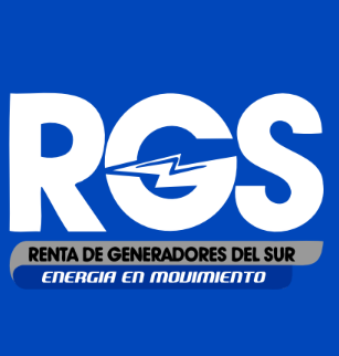 Logo blanco de RGS sobre fondo azul con texto “Renta de Generadores del Sur” y “Energía en movimiento”.