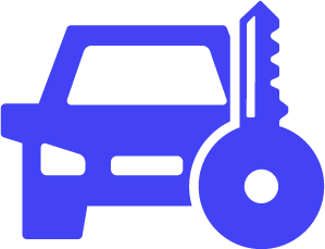 A blue car with a key attached to it