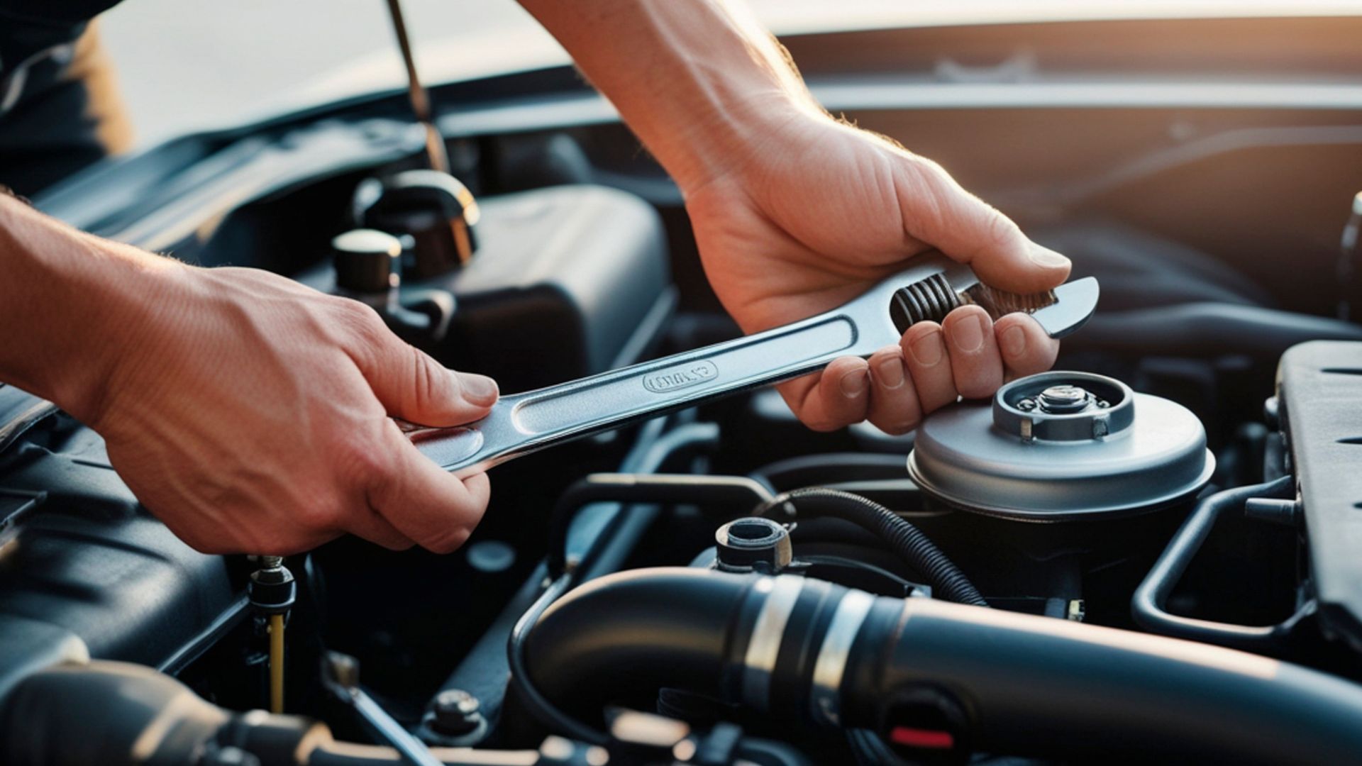 Hands using a wrench to work on a car engine.
