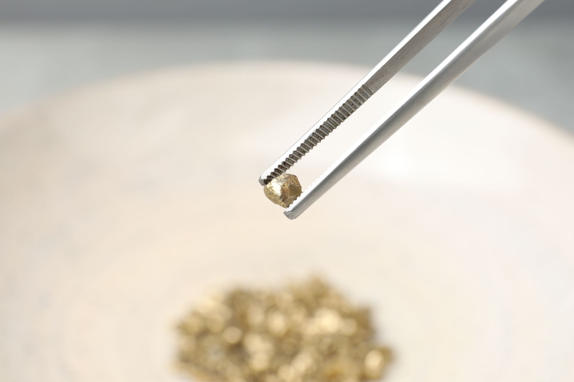 Tweezers holding a tiny gold nugget above a blurred pile of nuggets