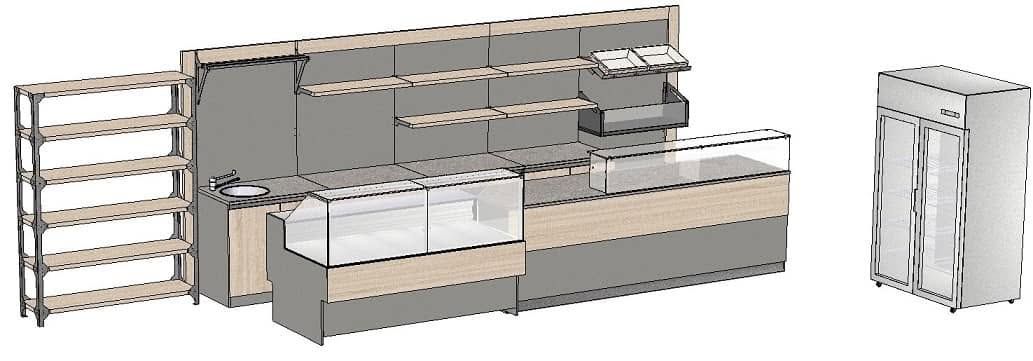 Scaffalature grigie per negozi e espositori per casse con pannelli bianchi e in legno, mostrati in un layout di negozio.
