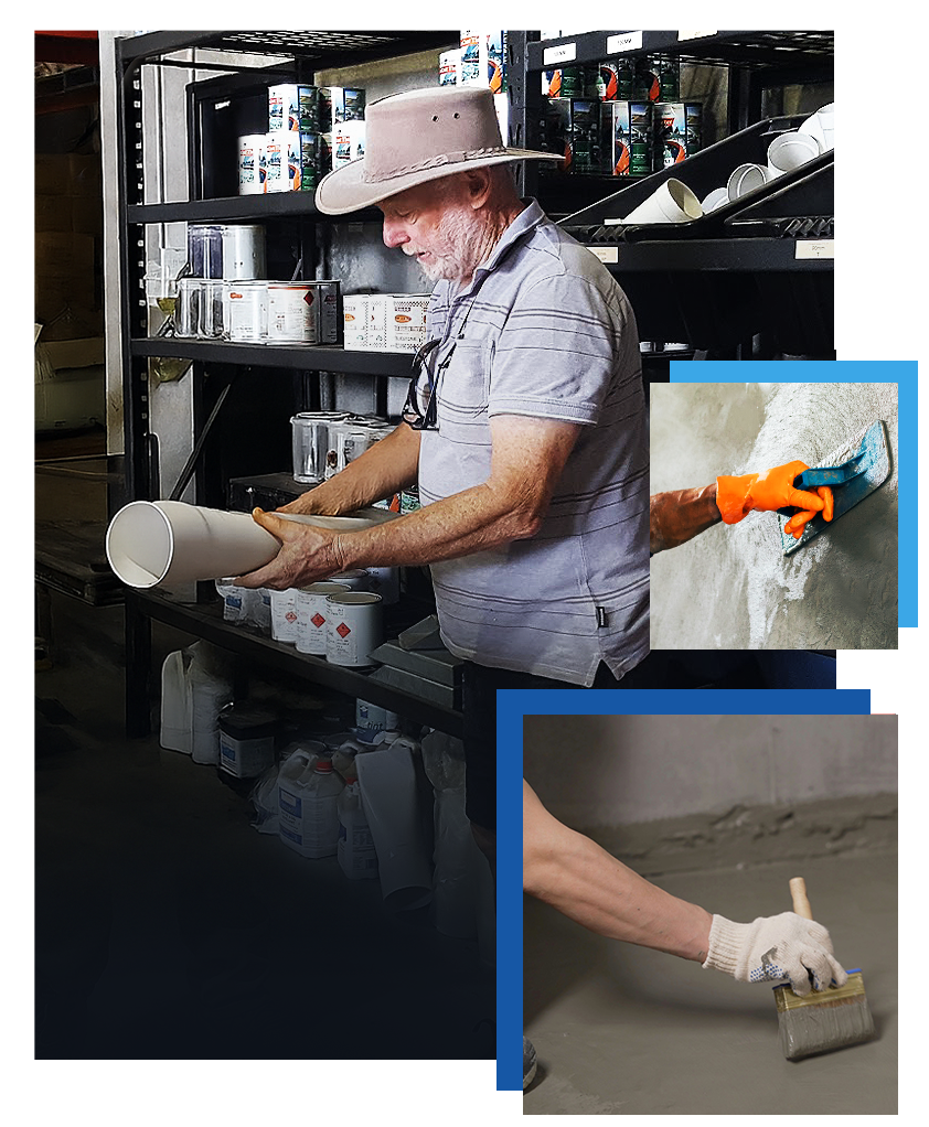 A person in a hat and patterned shirt works with supplies in a shop, shown alongside close-ups of smoothing and painting.