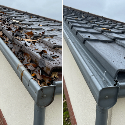 Split view of a gutter and roof edge before and after cleaning, with debris removed on the right.