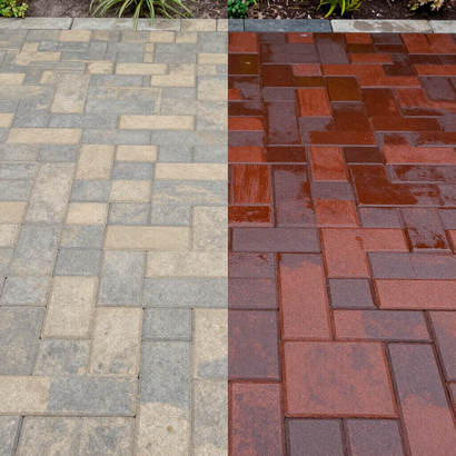 Two paving patterns side by side: light gray stone on the left and red brick on the right.