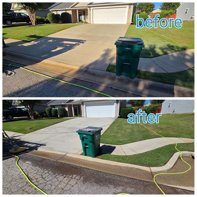 Before-and-after driveway view: trash bin moved from curb to side, with widened concrete apron and grass strip.