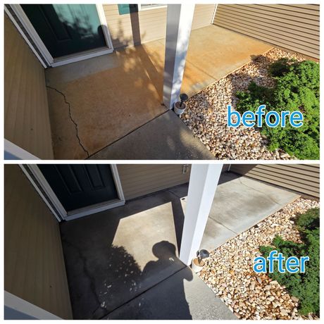 Porch concrete before and after cleaning, showing a brightened walkway and removed stains.