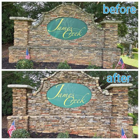 Before-and-after photos of a stone entrance sign with a green oval plaque reading “James Creek.”