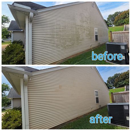 Before-and-after of a house siding repair, showing damaged beige siding fixed beside a black bin.