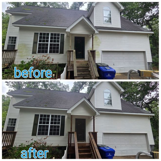 Before-and-after view of a house exterior with updated porch steps and railing.