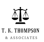 A black and white logo for T.K. Thompson & Associates featuring a scales of justice icon above the company name.