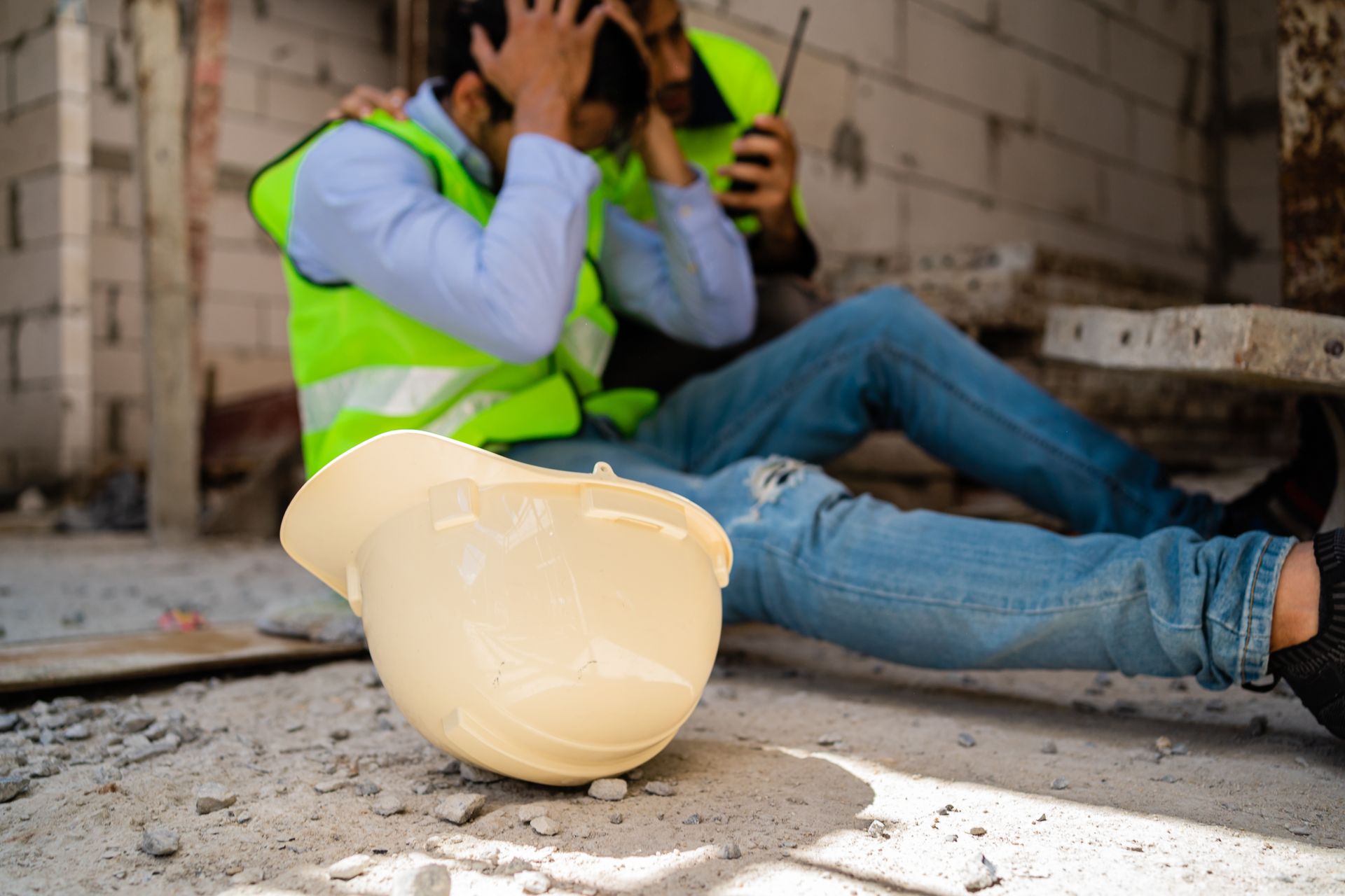 Two workers in neon vests sit on a construction site floor. One holds their head in distress while the other uses a radio.