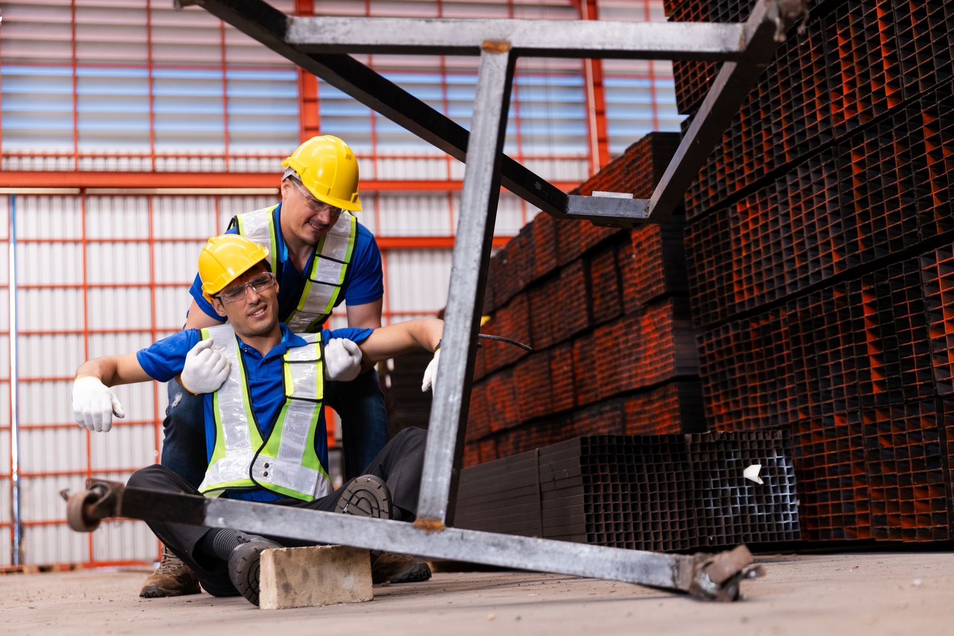 Two workers in safety gear and hard hats in a warehouse, one assisting the other sitting on the floor near metal beams.