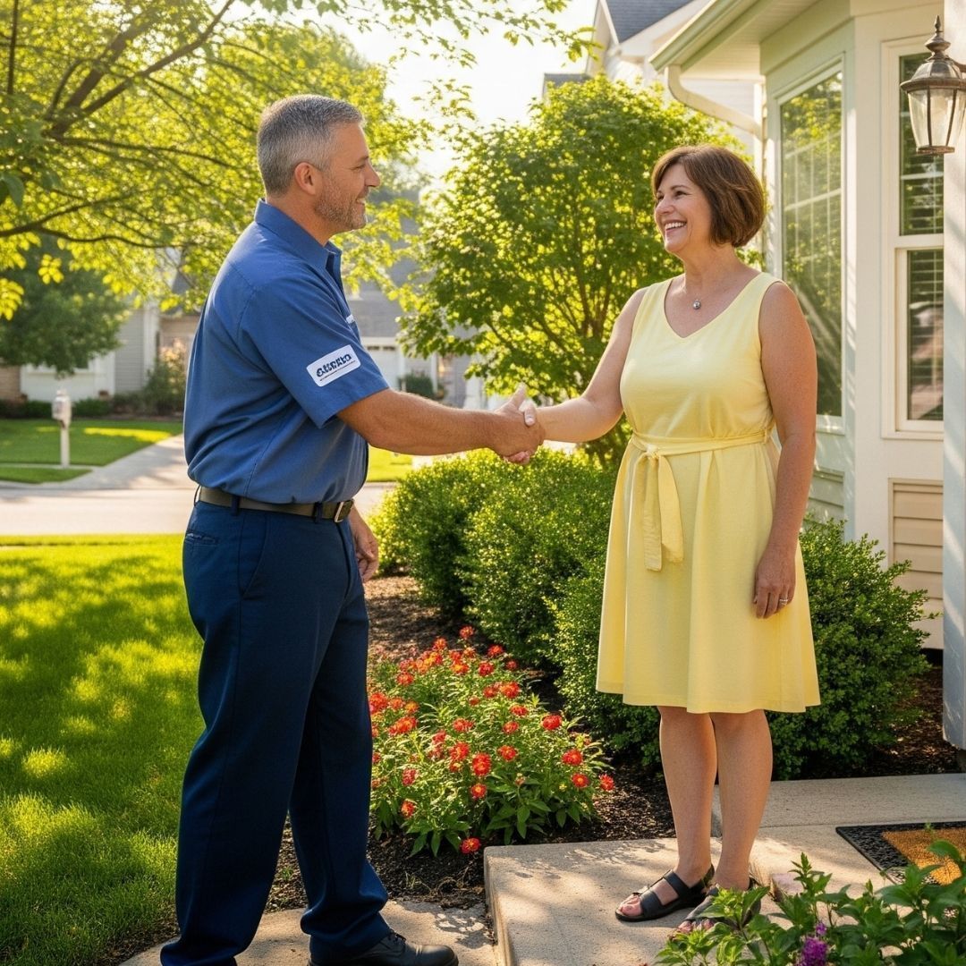 A person in blue uniform shakes hands with a person in a yellow dress in front of a house.