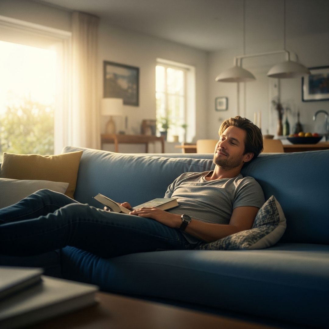 Man relaxing on blue sofa, book in lap, sunny living room.