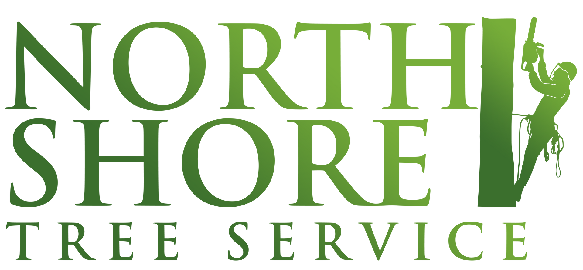 The logo for north shore tree service shows a man climbing a tree.