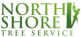 The logo for north shore tree service shows a man climbing a tree.