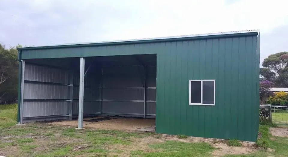 Green Metal Shed with An Open Side, a Window, and A Dirt Floor — Fair Dinkum Builds Port Stephens in Bobs Farm, NSW