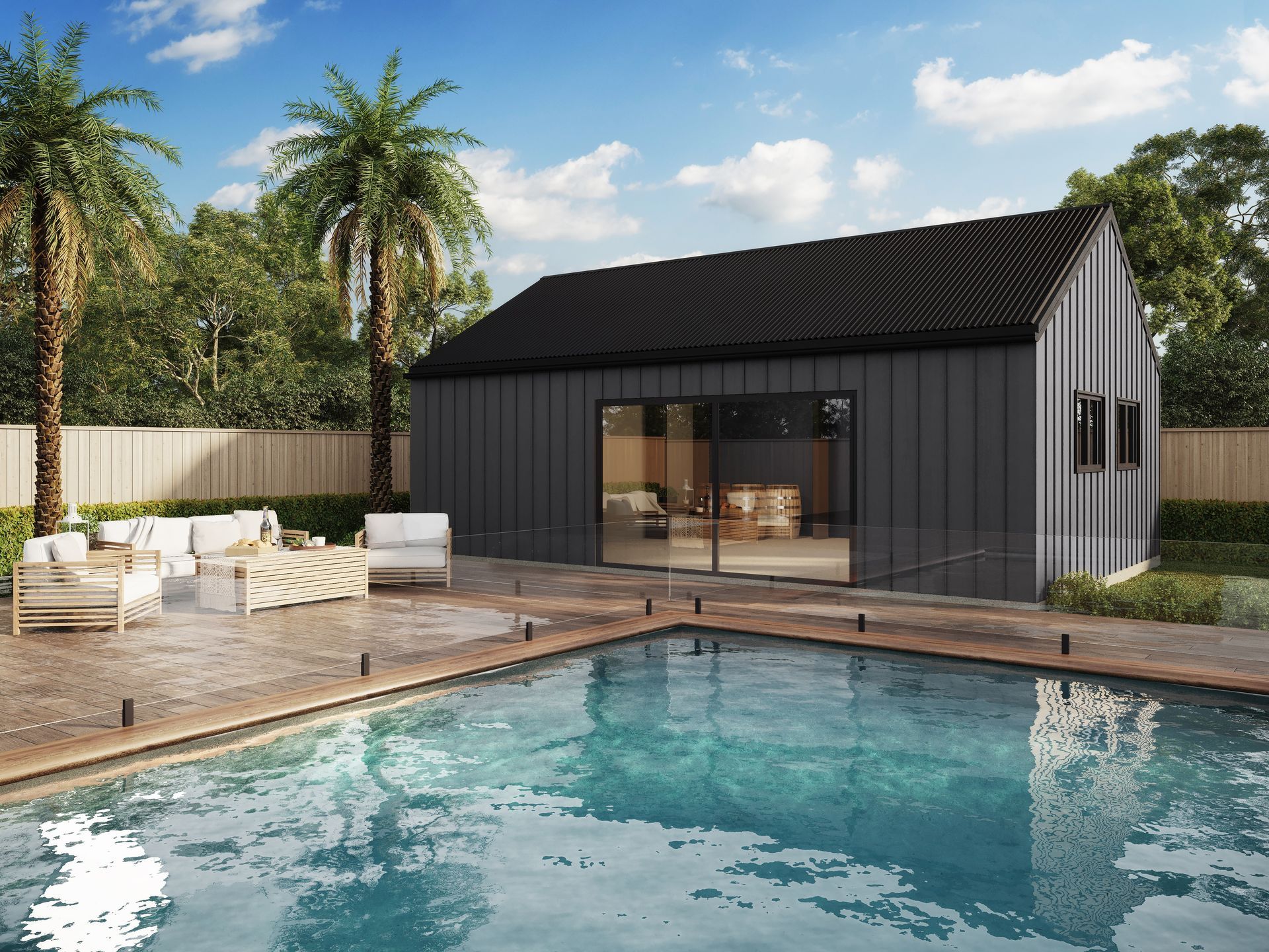 Modern house with a pool. Dark gray siding, black roof, and sliding glass door. Palm trees and patio furniture.