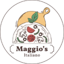 Circular logo for Maggio's Italiano featuring a pizza with toppings beneath a wooden cutting board and two basil leaves.