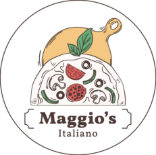 Circular logo for Maggio's Italiano featuring a pizza with toppings beneath a wooden cutting board and two basil leaves.