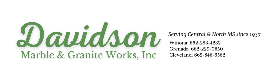 Davidson Marble & Granite Works, Inc. logo with green script text and gray company contact details.