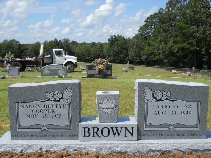 Two gray gravestones with the name Brown in a cemetery under a blue sky.