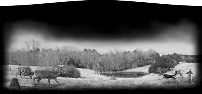 Black-and-white scene of deer and hunters in a snowy forest landscape