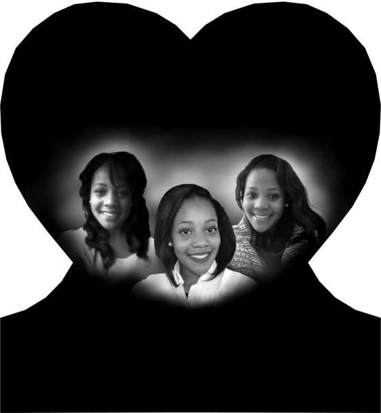 Three smiling women in a heart-shaped black-and-white collage