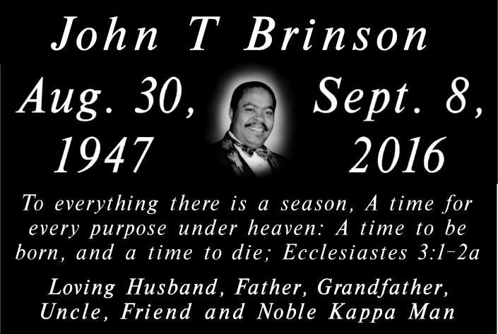 Memorial card for John T. Brinson, Aug. 30, 1947–Sept. 8, 2016, with a portrait and Bible verse text.